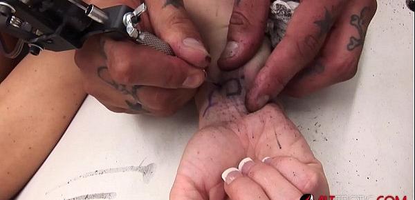  Busty brunette Hunter Bryce squirts then gets tattooed
